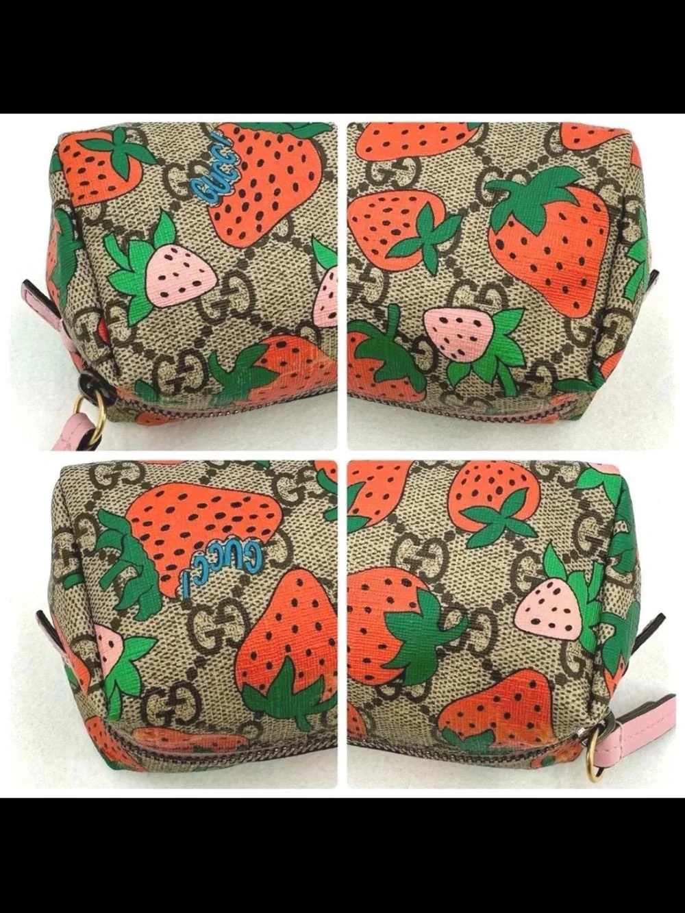 Gucci Brown GG Strawberry Print Cosmetic Pouch with Pink & Green Accents